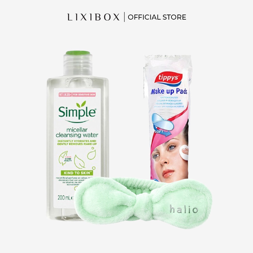 [HB Gift] Combo Nước Tẩy Trang Simple 200ml, Băng Đô Rửa Mặt Halio - Mint, Bông Tẩy Trang Tippy's 80 Miếng