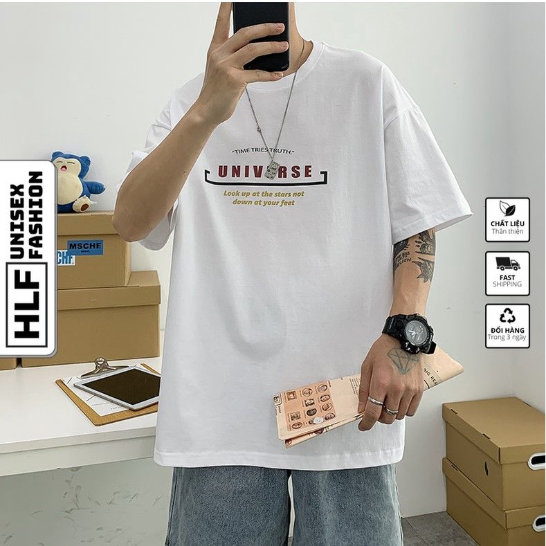 Áo phông nam form rộng chữ universe, áo thun tay lỡ HLFashion