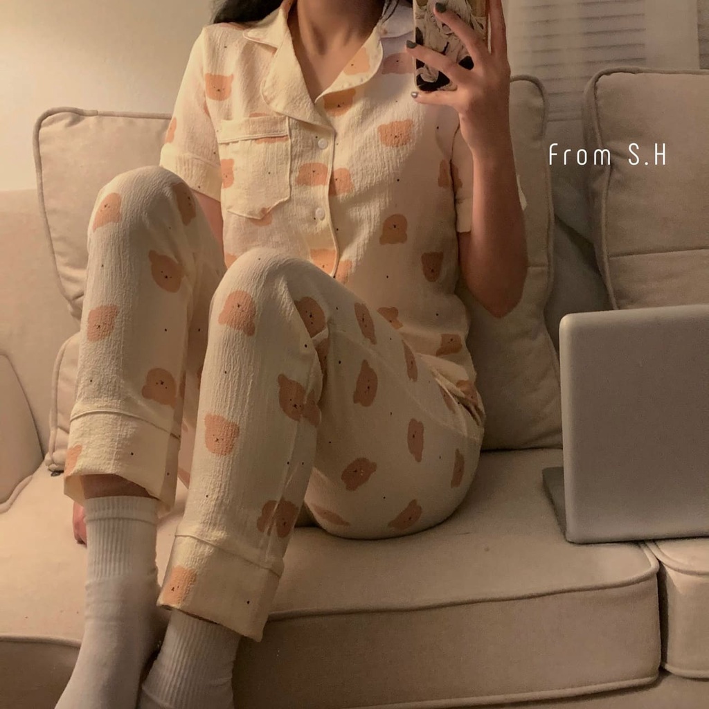[Ảnh thật/Video] Bộ Ngủ Nữ Chất Đũi Cổ 2 Ve Xinh Xắn, Set Pijama Nữ Đẹp Mặc Nhà
