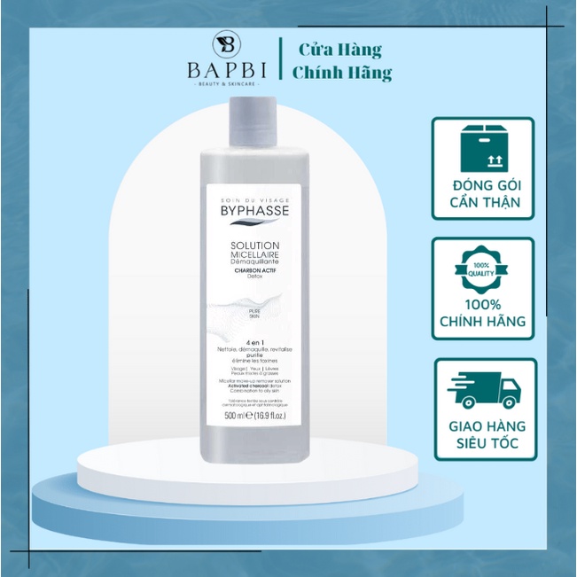 Nước Tẩy Trang BYPHASSE Solution Micellaire Desmaquillante Charbon Actif Detox 4 En 1 Than Hoạt Tính 500ml