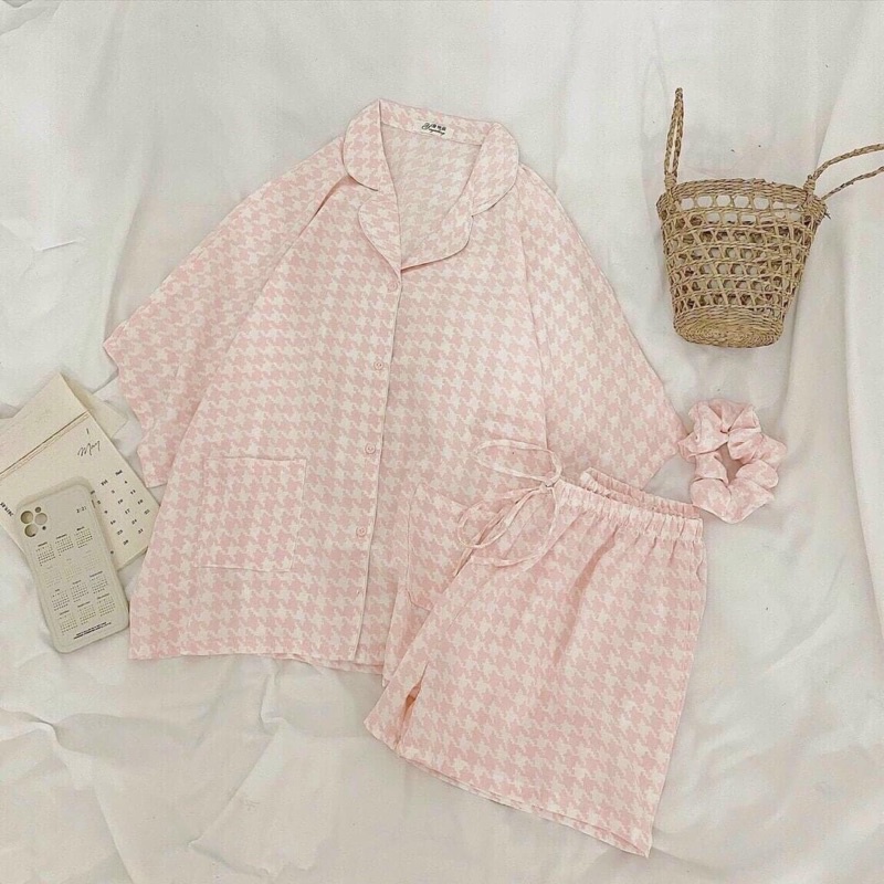 Set bộ ngủ lụa kate hoạ tiết cute kèm video quay thật