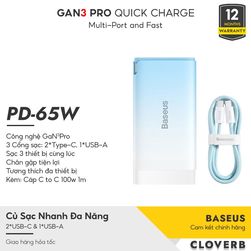 |Phiên Bản 2021| Bộ Sạc Nhanh 65W BASEUS GaN3 Pro Sạc Cho Laptop, Macbook, iPad, iPhone, Samsung , Tặng Cáp Type C 100W