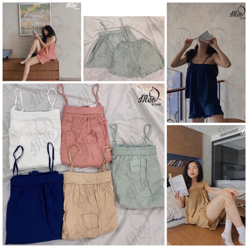 Đồ bộ hai dây chất đũi mặc nhẹ xinh.