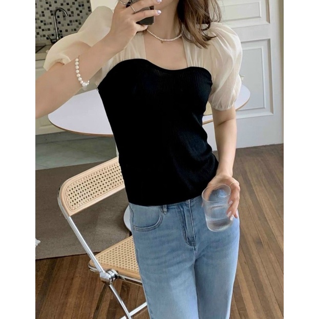 Áo Đen Cổ Khoét Tay Voan Nude Xịn Xò