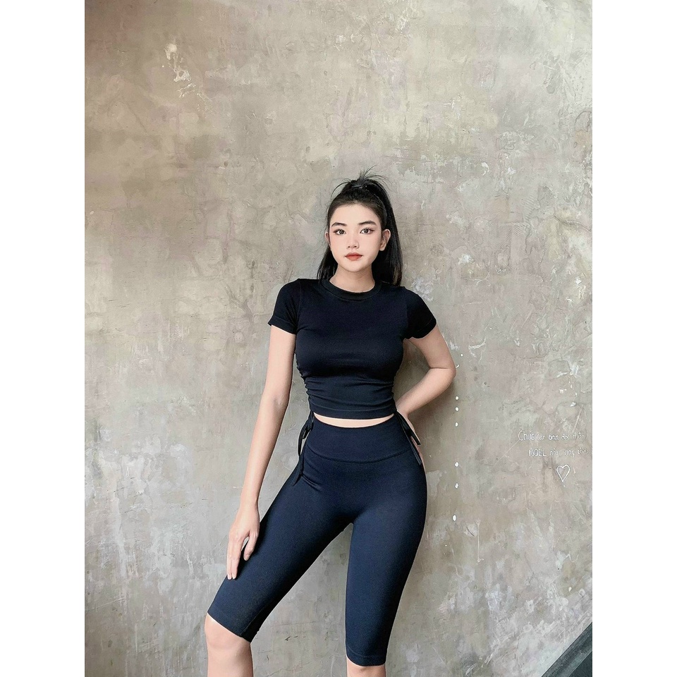 Set bộ đồ tập gym yoga nữ dệt kim áo crop ngắn tay dây rút, quần đùi ngố chun mông cao cấp Bin Sports BL029