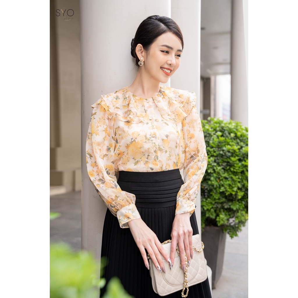 Áo sơ mi tơ hoa cổ xếp bèo tầng A1035-22