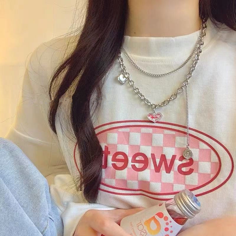 Vòng cổ Mặt Trái Tim Đôi Màu Hồng Phong Cách Hip hop Hàn Quốc