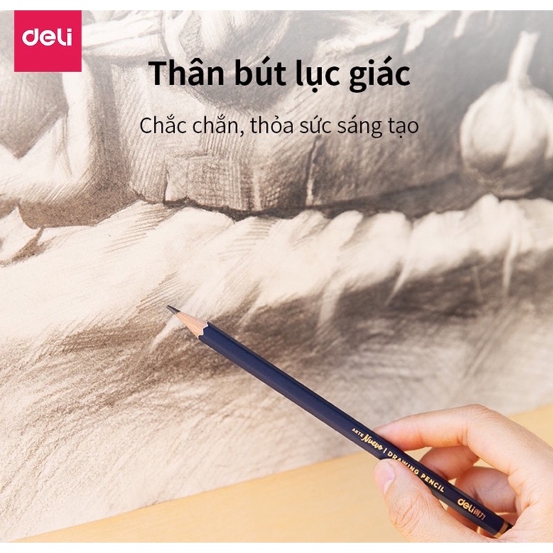 Bút chì phác thảo cao cấp Deli Độ cứng từ B - 14B, H, 2H, 3H, HB vẽ chuyên nghiệp mỹ thuật hội họa cụ đánh bóng khó gãy