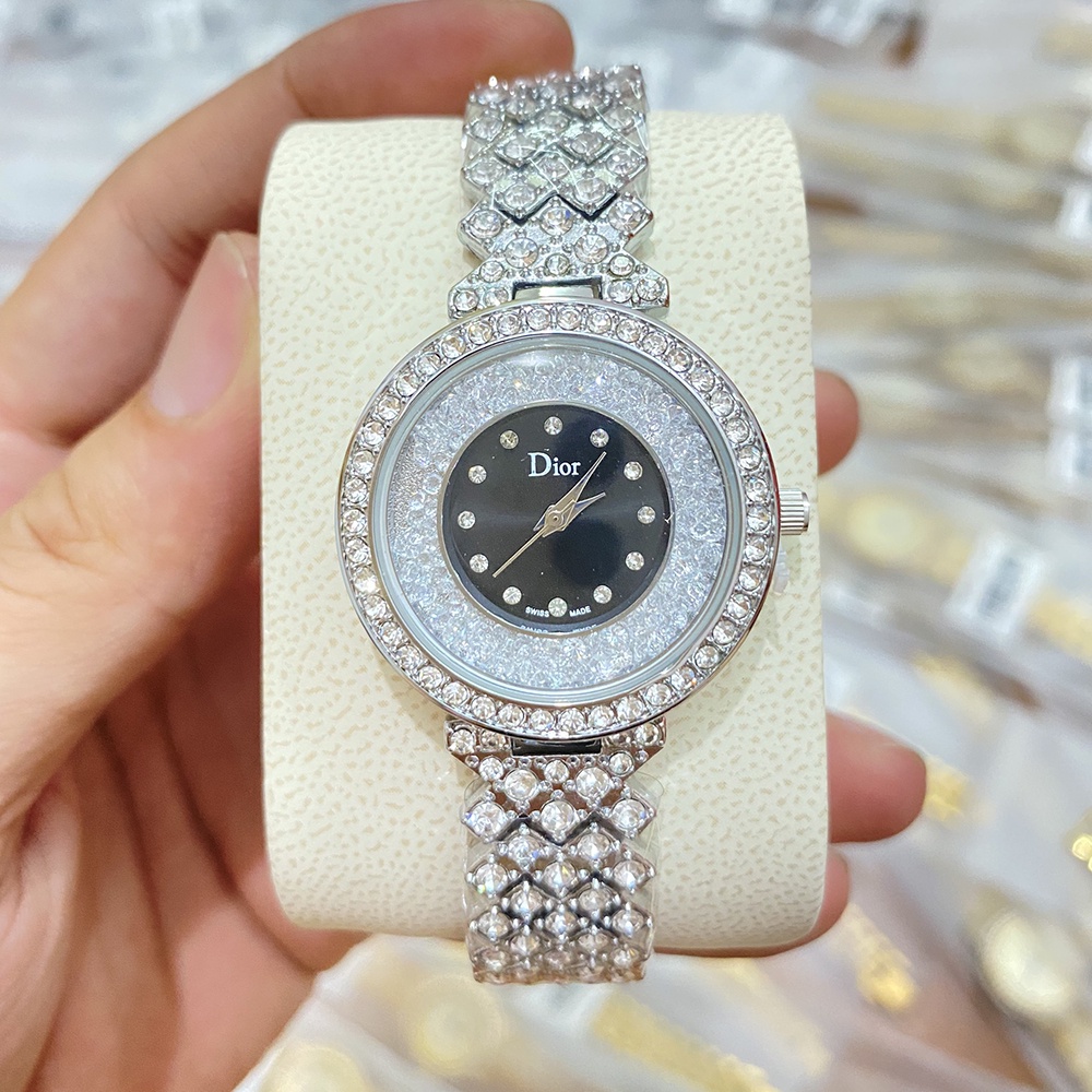 Đồng hồ Dior nữ đẹp mặt tròn đính đá xoay siêu đẹp, chống nước 3ATM, bảo hành 12 tháng