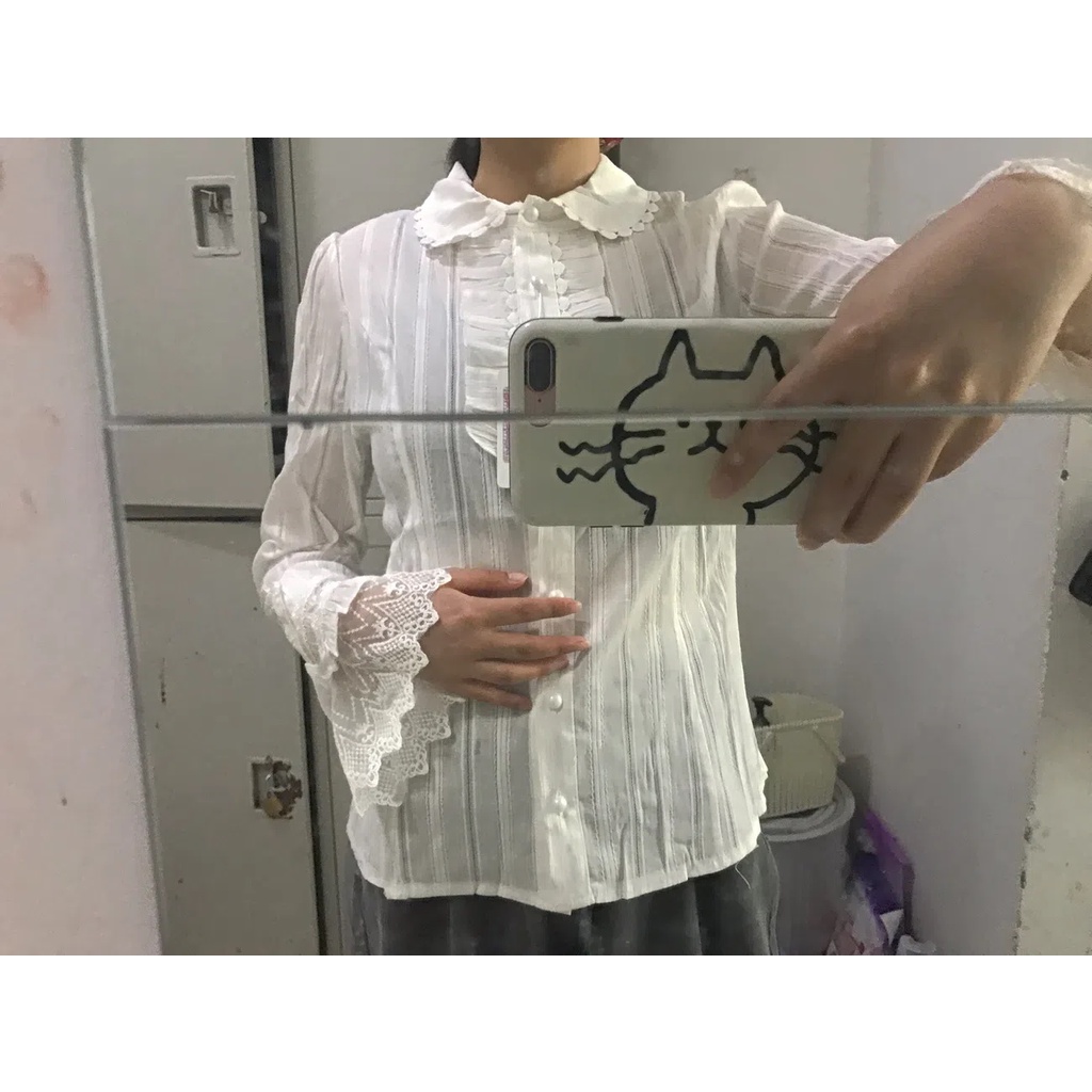 Áo Sơ Mi Dài Tay Phối Ren Bèo Phong Cách lolita Nhật Bản