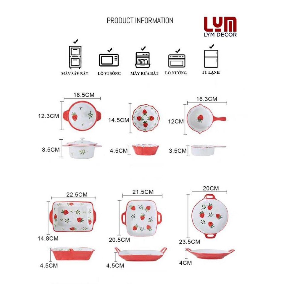 (SALE SHOCK) Thố nướng có nắp vẽ tay, nồi sứ dâu tây phong cách Bắc Âu- Sứ cao cấp xuất khẩu