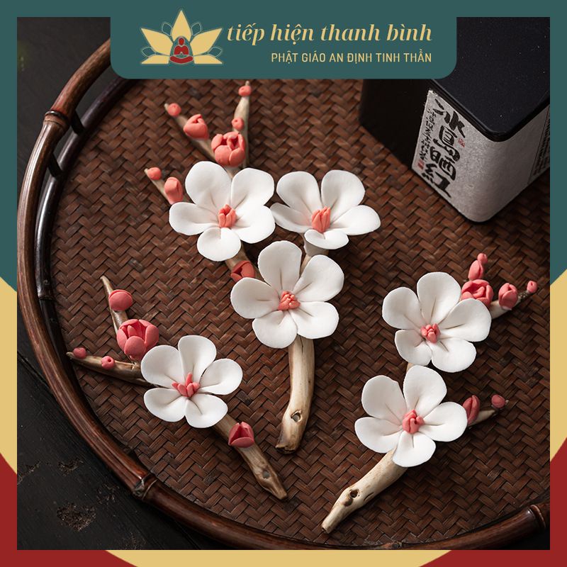 Đế Cắm Nhang/Gác Bút Tạo Hình Cành Hoa Mận Gốm Thủ Công phụ kiện thiền trà có thể sử dụng như gác đũa