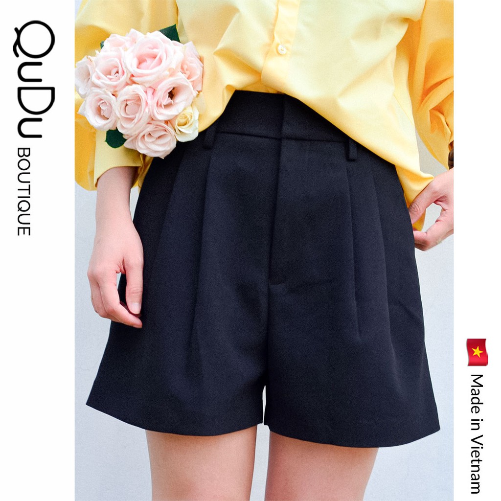 Quần Sooc Nữ QuDu, Quần Short Nữ Màu Đen Trắng Lưng Cao Ống Vừa Không Kén Dáng Che Khuyết Điểm Mùa Hè 2021