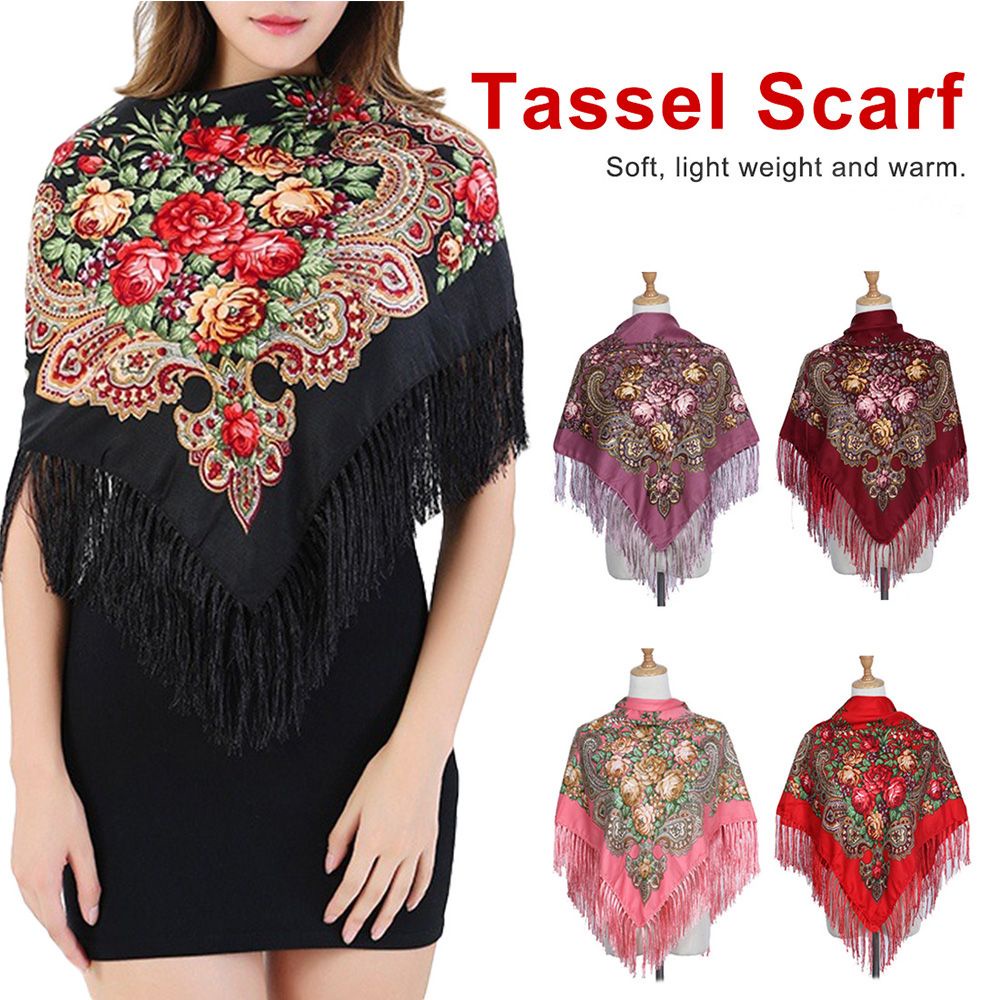 Khăn choàng cổ hình vuông bằng cotton phối tua rua phong cách Nga cổ điển thời trang dành cho nữ