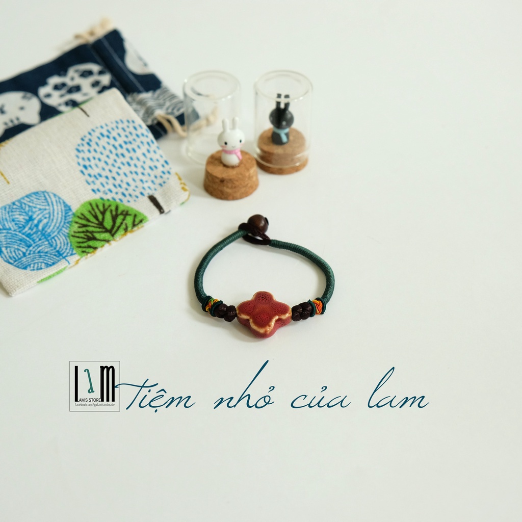 Vòng tay handmade hạt gốm dẹp unisex dây bện thủ công size ~19cm