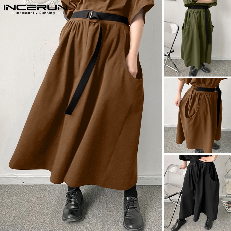 Quần INCERUN ống rộng eo có thắt lưng phong cách vintage thời trang cho nam