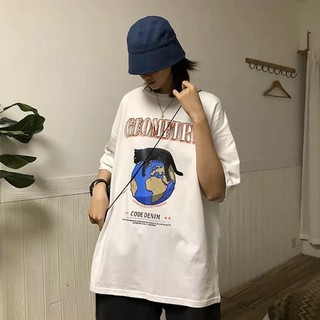 Áo thun tay lỡ nữ freesize phông form rộng dáng Unisex, mặc lớp, nhóm, cặp in hình MÈO ĐỊA CẦU GEOMETRY màu trắng