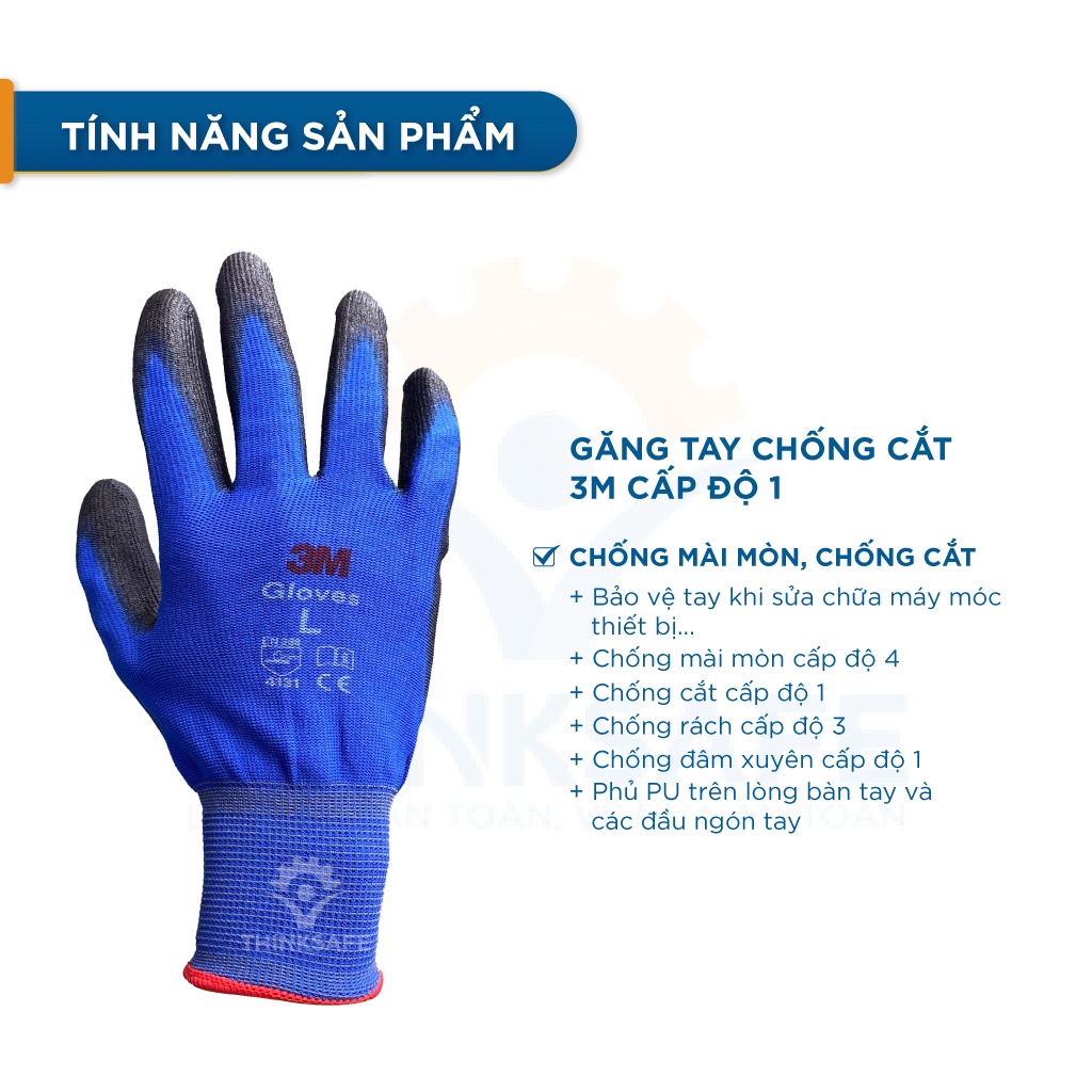 Găng tay chống cắt 3M cấp độ 1, chống trơn trượt, bảo vệ tay dùng cho cơ khí, Găng tay lao động chính hãng - Thinksafe