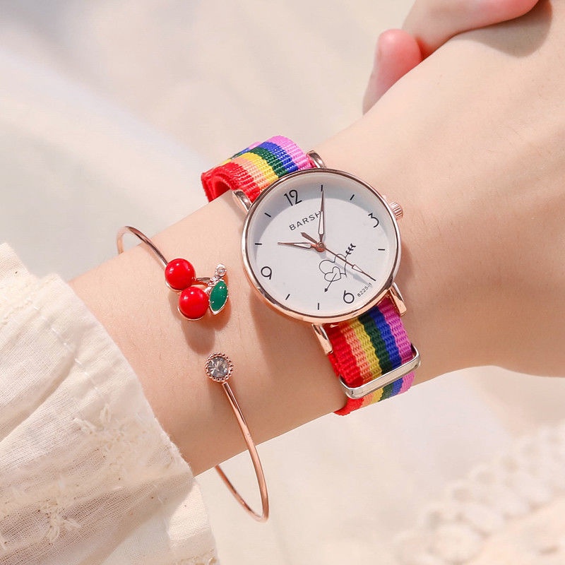 Đồng Hồ Đeo Tay Dây Vải Nylon Chống Thấm Nước Màu Cầu Vồng Xinh Xắn Cho Nữ