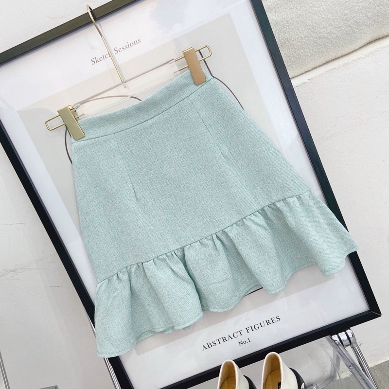 Set áo croptop dạ xanh cổ sen với chân váy đuôi cá màu xanh