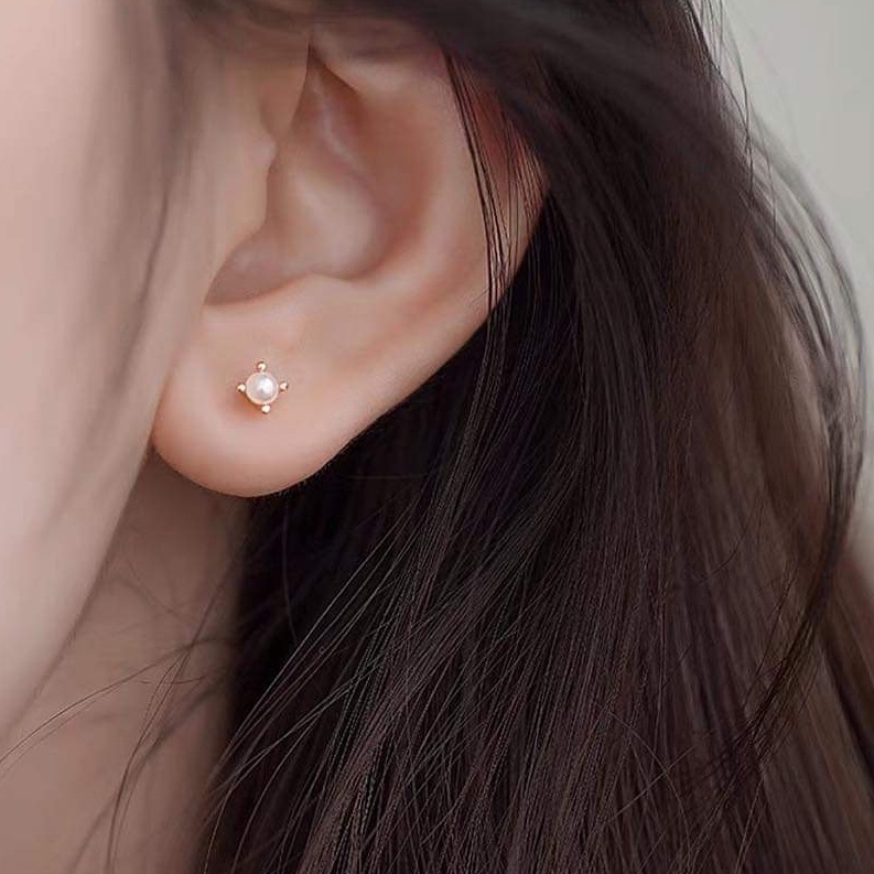 Khuyên tai bạc Khuyên nụ hạt ngọc trắng 3li chân chấu cao Van Jewelry V10752