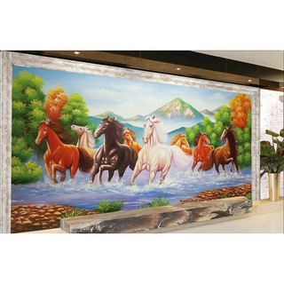 Tranh dán tường 3D mã đáo thành công - vải lụa kim tuyến