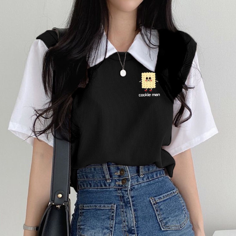 Áo polo Giả Hai Lớp Tay Ngắn Dáng Rộng Màu Sắc Tương Phản Thời Trang Dành Cho Nữ