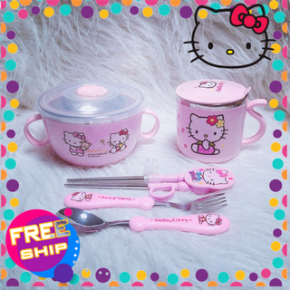 Bộ bát cốc thìa dĩa đũa inox Hello Kitty (chén ly muỗng nĩa)
