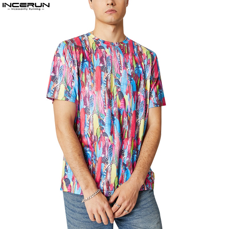INCERUN Áo Thun Cổ Tròn In Họa Tiết Sau Lưng Phối Tua Rua Thời Trang Cho Nam