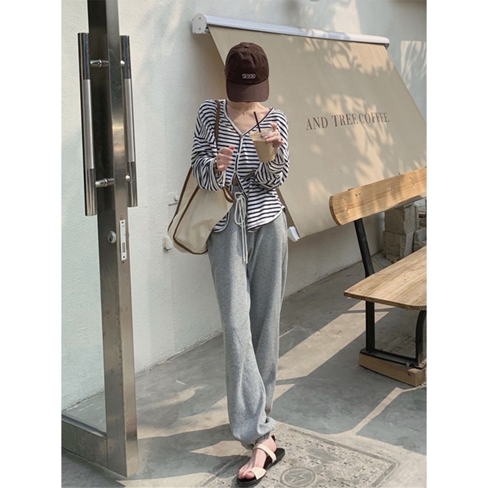 Áo thun dáng rộng tay dài kích thước lớn họa tiết sọc chống nắng dành cho nữ