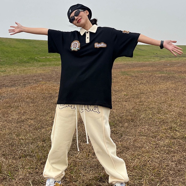 Áo polo Ngắn Tay Dáng Rộng Cổ Đứng Thêu Họa Tiết Đơn Giản Theo Phong Cách Retro Dành Cho Nữ