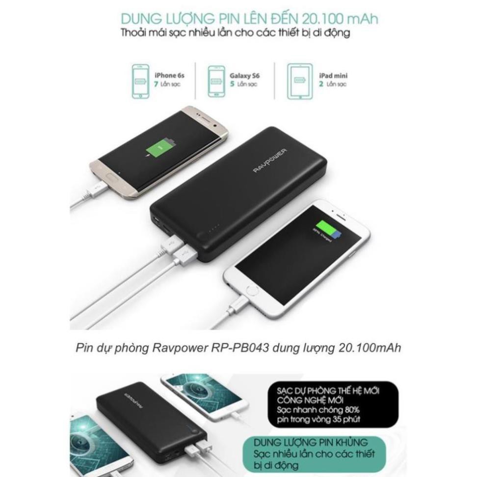 Pin sạc dự phòng RAVPower RP-PB043 20100mAh QC 3.0 18W &amp; USB-C 5V/3A (In/Out)-Thương hiệu USA- HÀNG CHÍNH HÃNG