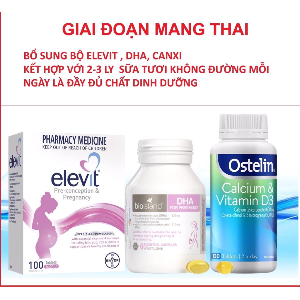 (date 2024)  Combo Elevit bầu - Vitamin tổng hợp Elevit bầu Úc - Canxi Ostelin , DHA Bio Island