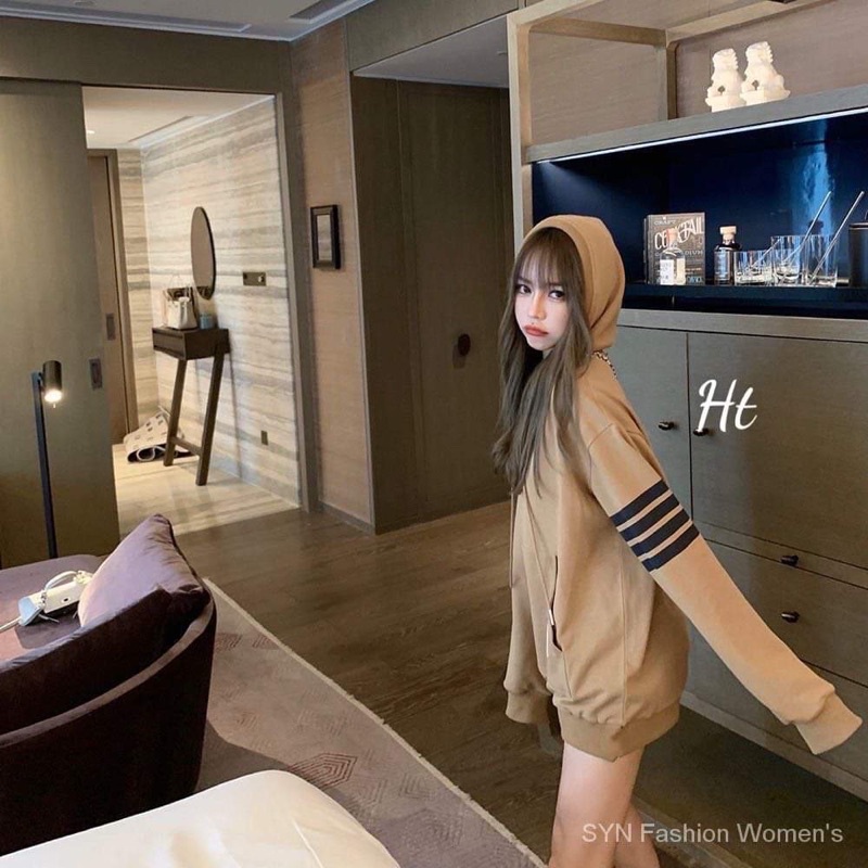 Áo hoodie nâu sọc mác túi HT12