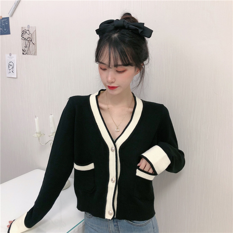 Áo Khoác Cardigan Dệt Kim Mỏng Tay Dài Cổ Chữ V Phối Màu Dễ Thương 173050 Chanel