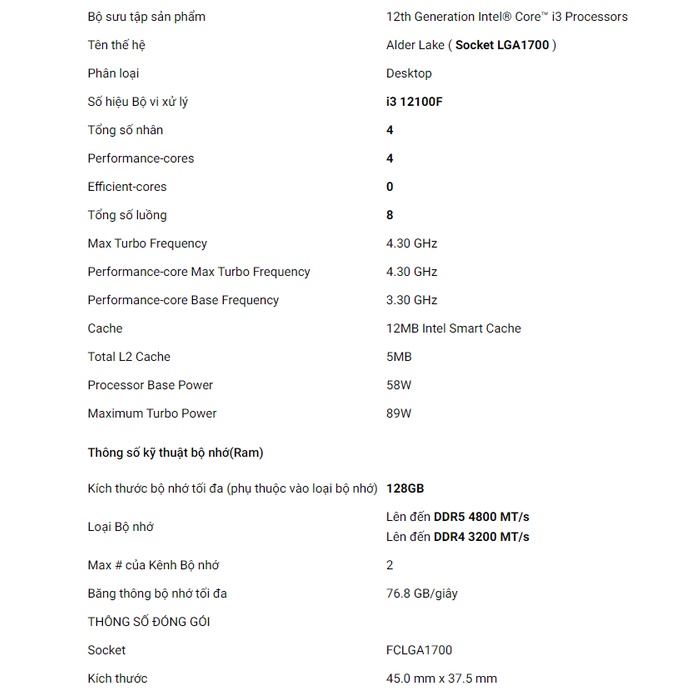 CPU Intel Core i3 12100F 3.3GHz (Socket 1700, 4 nhân 8 luồng 12Mb) TRAY ( Bảo hành 36T )
