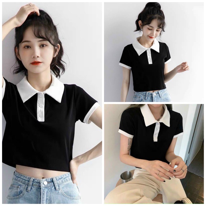 Áo Croptop Polo Đen Phối Viền Cổ Trắng Thời Trang Ulzzang Hàn Quốc Cho Nữ