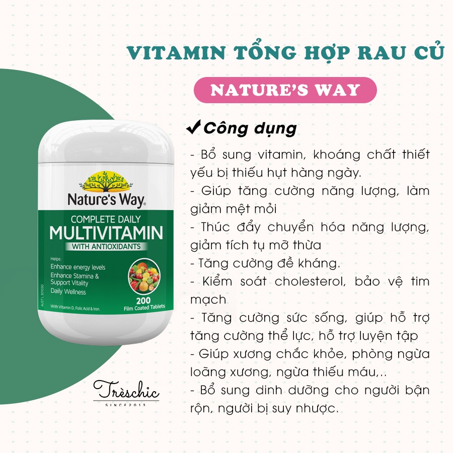 Viên Uống Đẹp Da Bổ Sung Vitamin Tổng Hợp Từ Rau Củ Quả Và Tảo Biển Nature’s Way 200 Viên