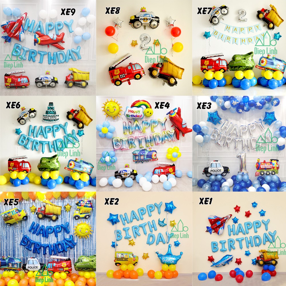 Sét Bóng Trang Trí Hình Xe Ô Tô Giao Thông Máy Bay Cho Bé Trai - Diệp Linh