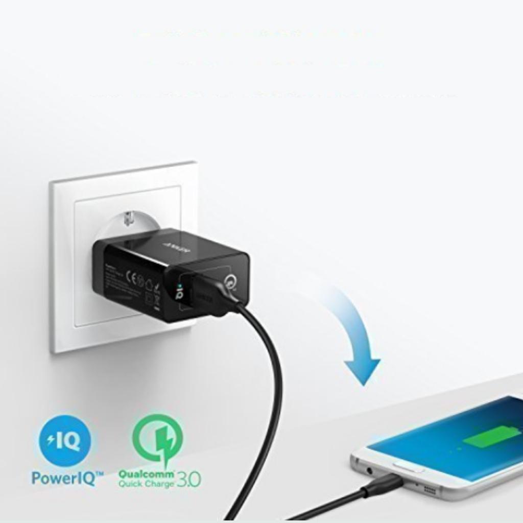 Củ Sạc nhanh, Cốc sạc ANKER PowerPort+ 1 18w Quick Charge 3.0 PowerIQ chân tròn - A2013 - Hàng Chính Hãng