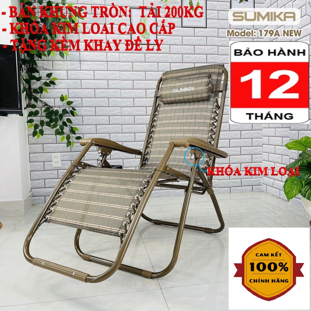 Ghế xếp thư giãn SUMIKA 179A - 179 NEW Lưới Vàng Tải 200kg - 300kg - KHÓA KIM LOẠI - Tặng Khay Để Ly