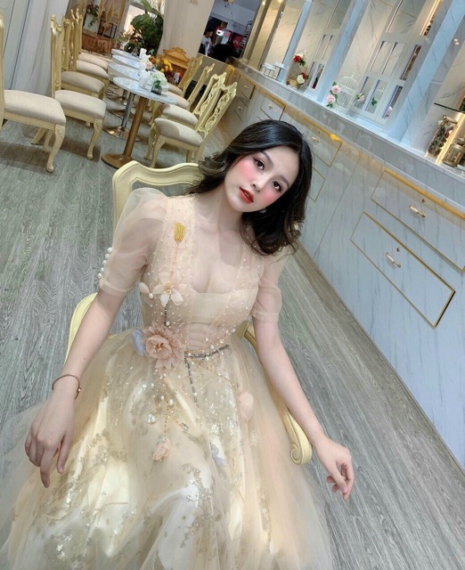 Đầm xoè kim sa đính hoa