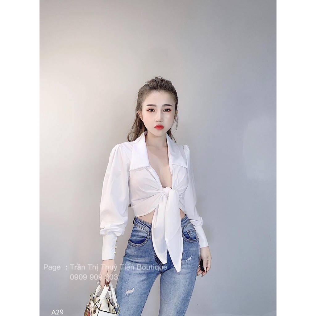 Áo phi lụa cổ sơ mi phối buộc nơ eo xinh xinh bánh bèo