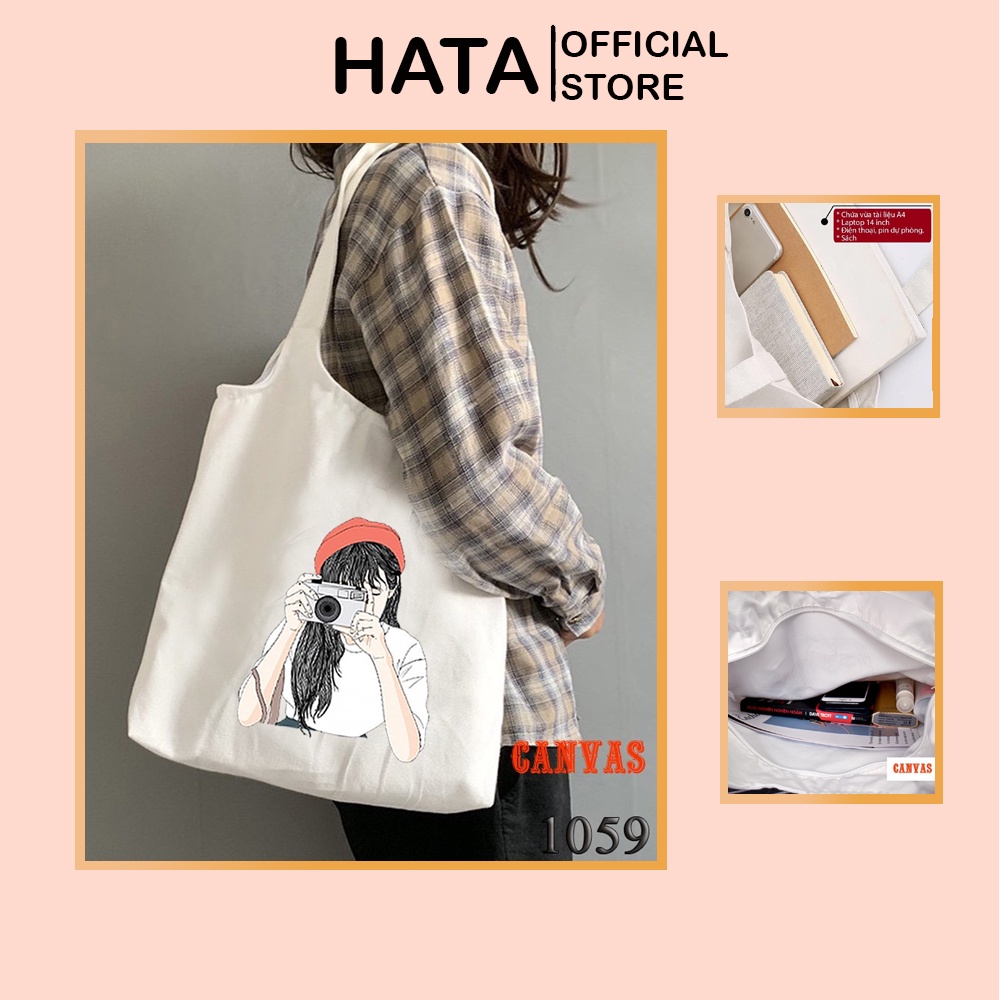 Túi Tote Túi Vải Canvas Kích Cỡ Lớn Đựng Vừa A4 1059 Họa Tiết Girl Photograp Đeo Vai Đi Học Cực Xinh