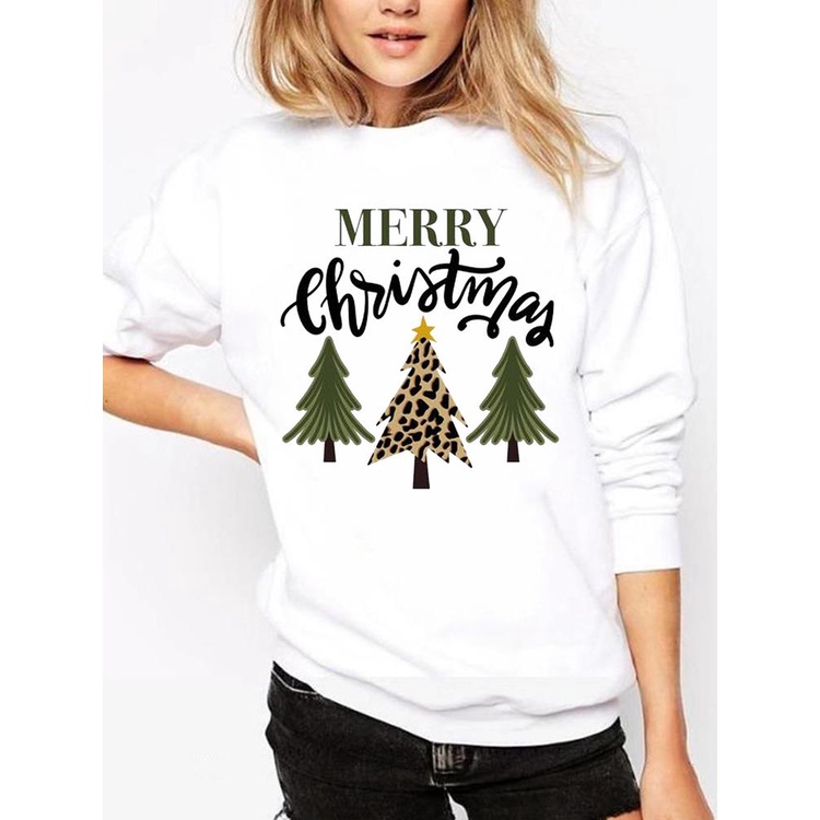 Áo Sweater Chui Đầu In Họa Tiết Cây Thông / Da Báo / Chữ Merry Christmas Thời Trang 90s Cho Nữ