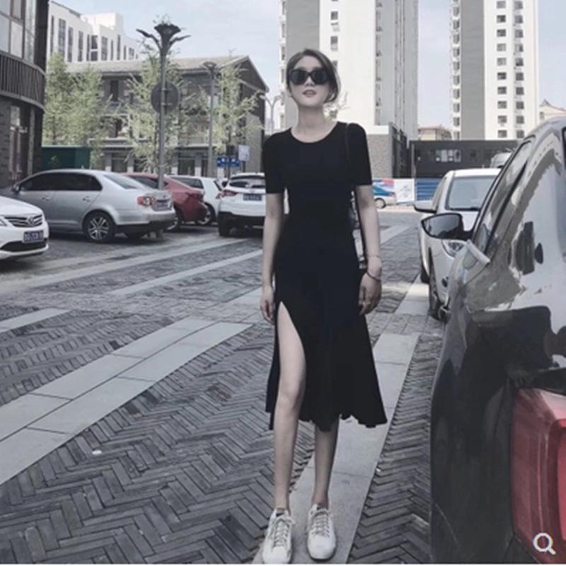 Đen Đầm Thun Dáng Dài Xẻ Tà Chất Liệu Cotton Cao Cấp