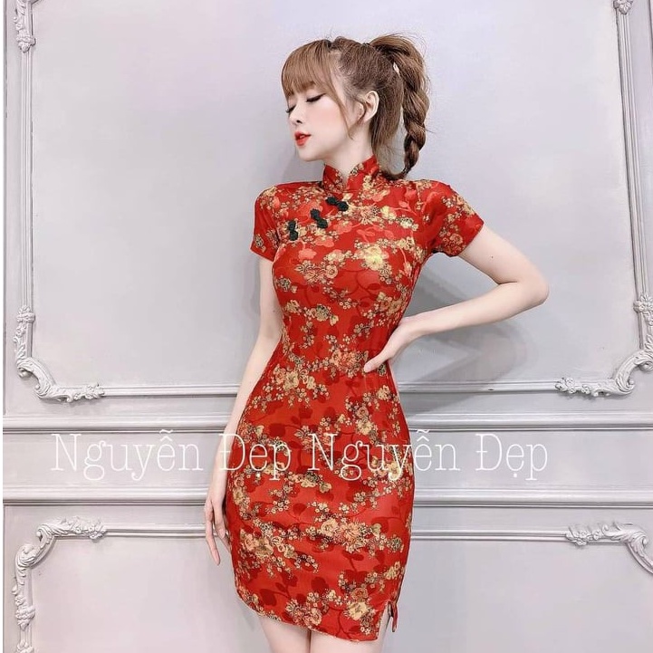 Sườn xám nữ nút cài nơ ngực kèm hoa văn độc đáo thời trang Bella Luu Shop