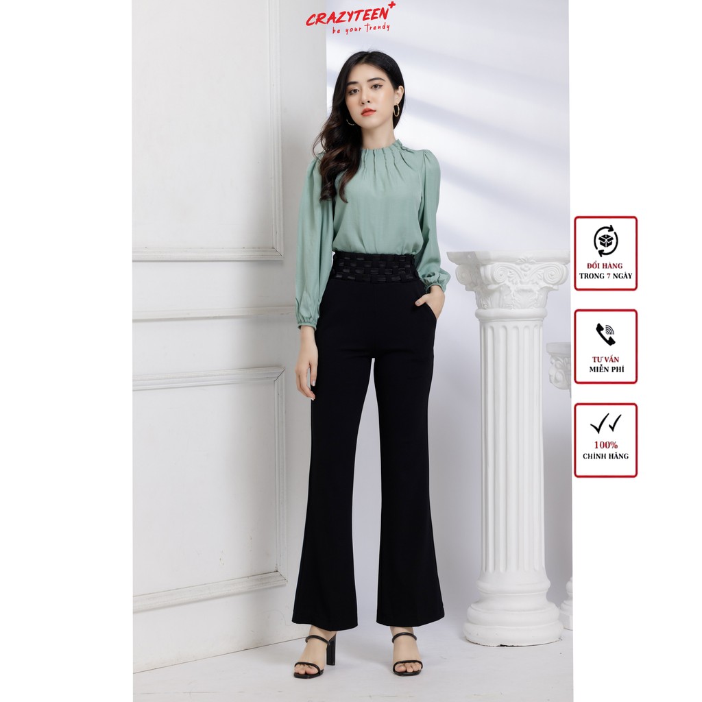 Quần ống loe nữ CRAZYTEEN đan bản lưng caro tôn dáng (XC0044)