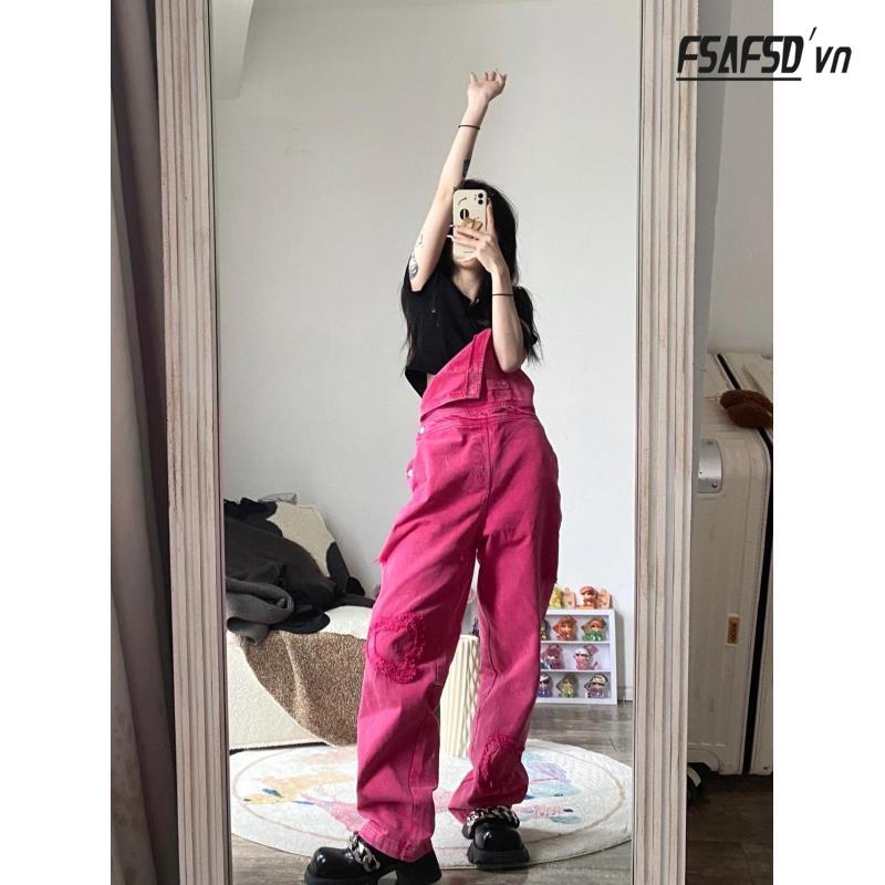 Quần Yếm Denim Dáng Rộng Ống Suông Trẻ Trung Năng Động Cho Bạn Gái