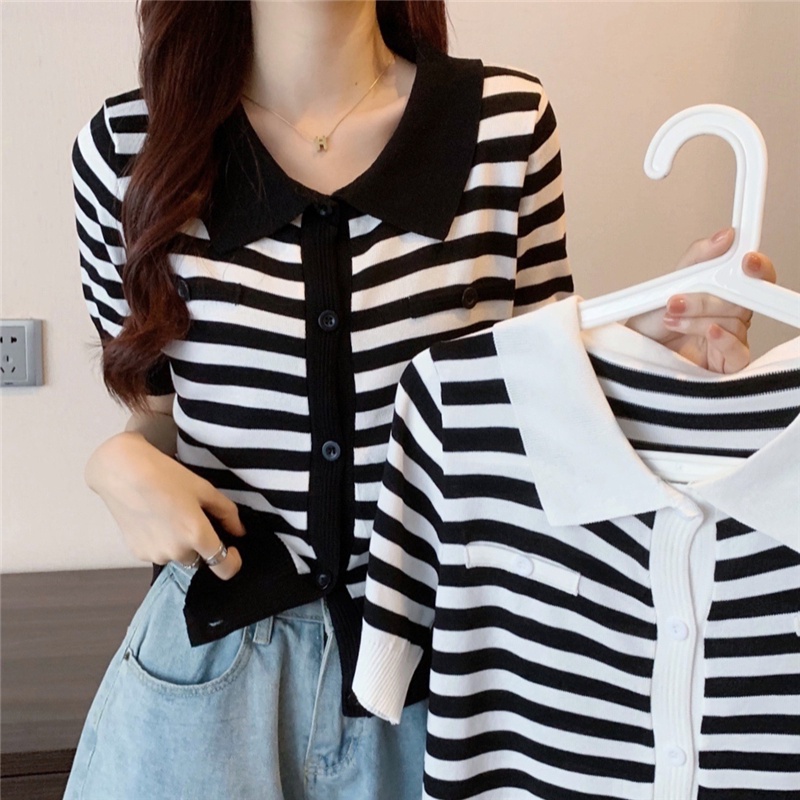 Áo Thun POLO Dệt Kim Tay Ngắn Kẻ Sọc Thiết Kế Trẻ Trung Cá Tính